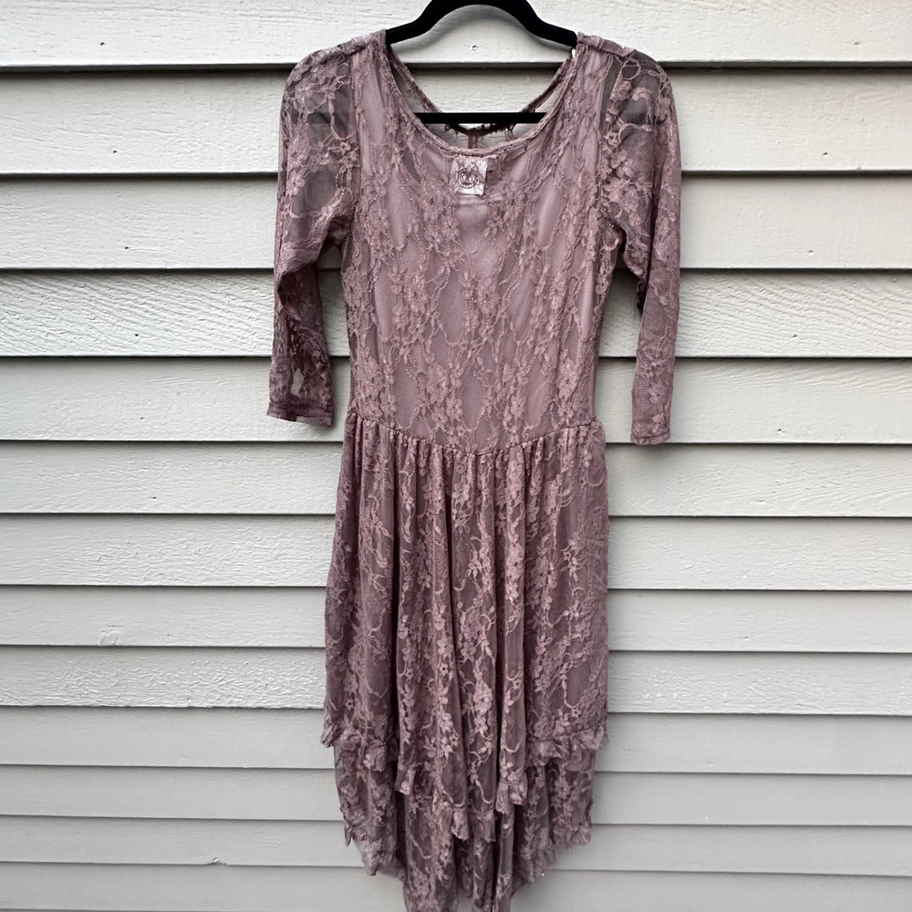 Rods Mauve Floral Lace High-Low Tiered Dress 3/4 Sleeve USA Made Medium 12873-01